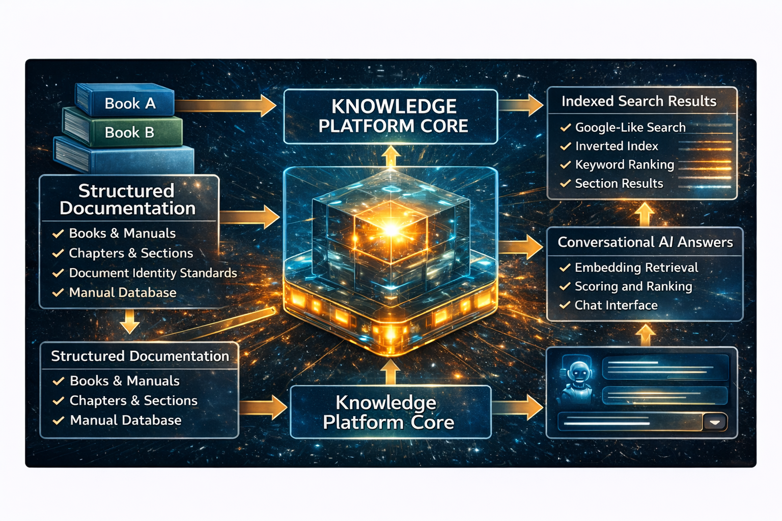 Figure I-3 - Unified documentation model where books, chapters, sections, procedures, and business documents feed both search and conversational AI